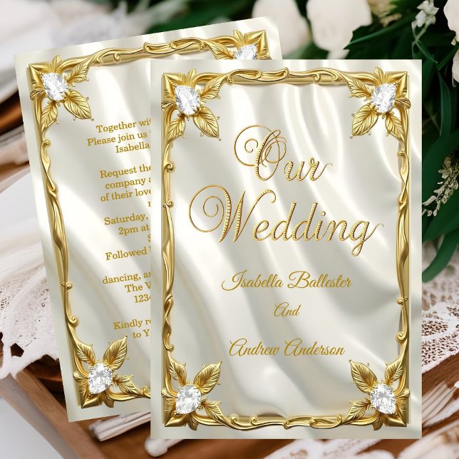 Convite Casamento Elegante Creme Branco Falso Seda Ouro Di (Criador carregado)