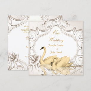 Convite Casamento Elegante Creme Dourado Cisnes Brancos Ar