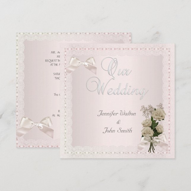 Convite Casamento Elegante Creme Rosa Laço Renda Rosa (Frente/Verso)