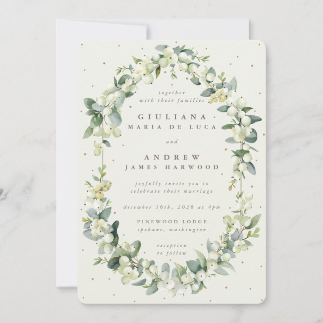 Convite Casamento Elegante Creme Snowberry+Eucalipto (Frente)