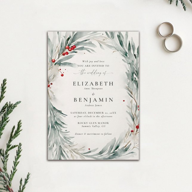 Convite Casamento Elegante Da Aquarela De inverno (winter wedding invitation christmas berries elegant rustic modern botanical frame watercolor chic)