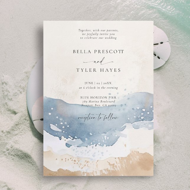 Convite Casamento Elegante Da Areia Da Onda Da Praia Do Oc (coastal wedding invitation modern minimalist elegant beach ocean waves sand navy blue teal beige)
