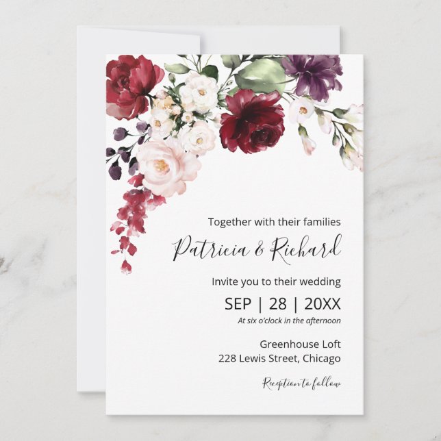 Convite Casamento Elegante Da Burgundy Floral Watercolor (Frente)