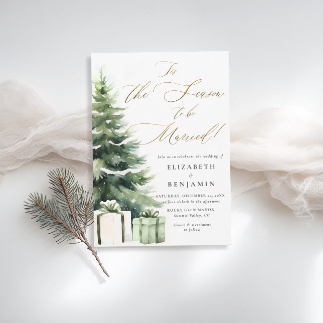 Convite Casamento Elegante Da Estação De Natal De Inverno (christmas wedding invitation pine tree season to be married gold calligraphy modern rustic elegant)