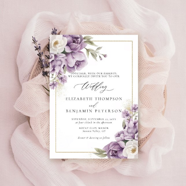 Convite Casamento Elegante da Frame Floral Dourada de Mídi (purple ivory gold wedding invitation watercolor elegant floral mauve green barn ranch garden)
