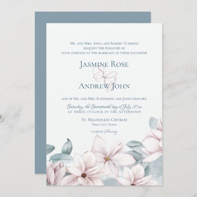 Convite Casamento Elegante da primavera de Magnolias Azuis (Frente/Verso)
