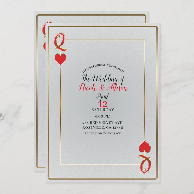 Convite Casamento Elegante da Rainha Dourada Branca e Verm (Frente/Verso)