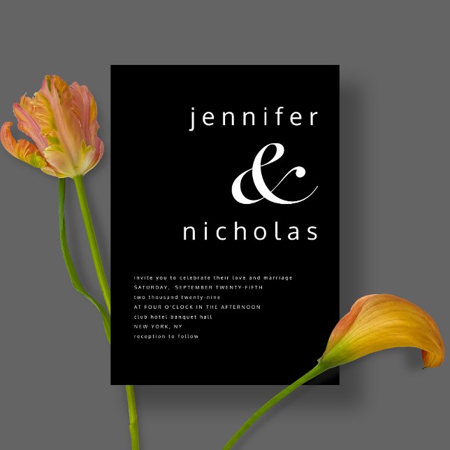 Convite Casamento Elegante Da Tipografia Branca E Preta (Front / Elegant Black Ampersand Typography Wedding Invitation)