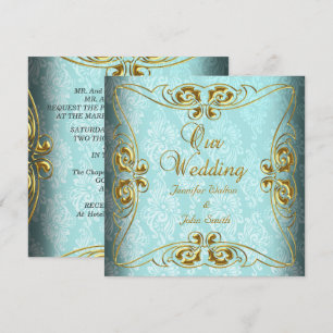 Convite Casamento Elegante Damasco Azul Turquesa Dourado
