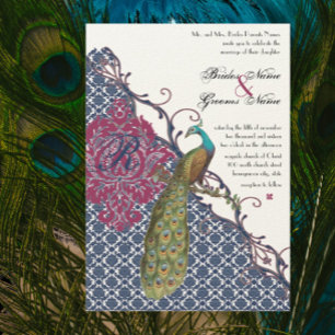 Convite Casamento Elegante Damasco Pavão Azul Marinho e Be