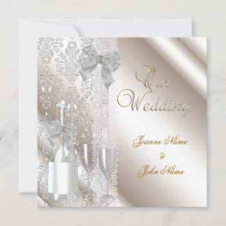 Convite Casamento Elegante Damask Creme Branco Champanhe