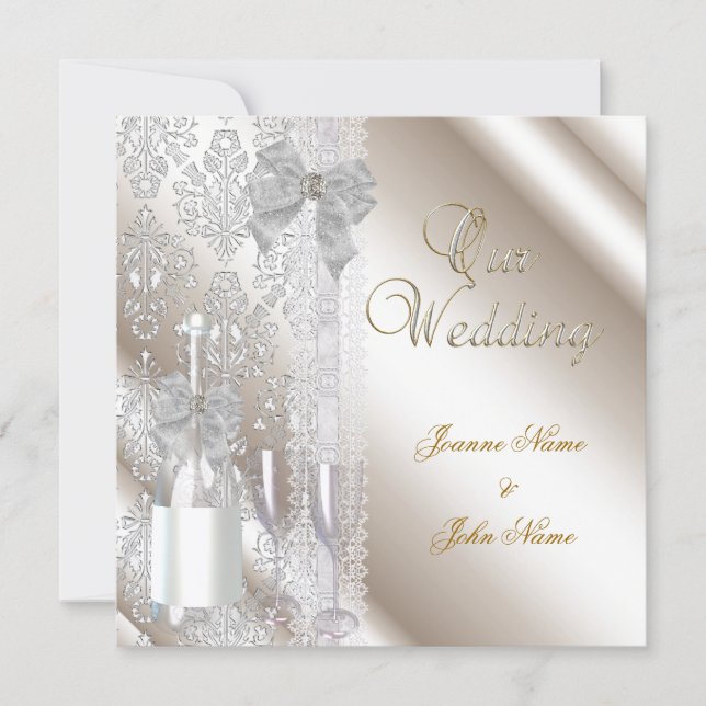 Convite Casamento Elegante Damask Creme Branco Champanhe (Frente)