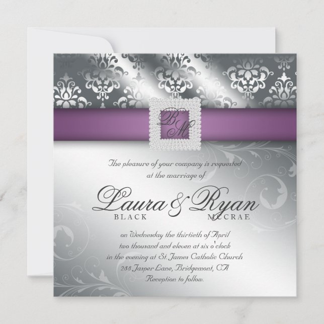 Convite Casamento Elegante Damask Jewel Purple Silver (Frente)