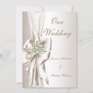 Convite Casamento Elegante Damask Pérola Creme Laço Branco