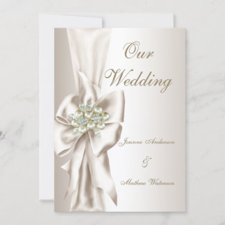Convite Casamento Elegante Damask Pérola Creme Laço Branco
