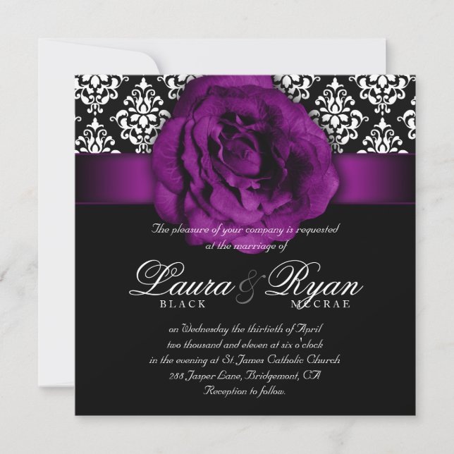 Convite Casamento elegante Damask Purple Rosa Black White (Frente)