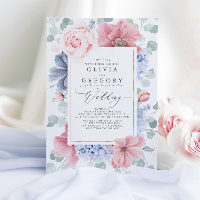 Convite Casamento Elegante das Flores Azuis Dusty Rosa e D (Dusty Blue and Dusty Pink Wedding Invitations)