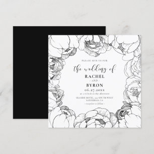 Convite Casamento elegante das peônias preto e branco