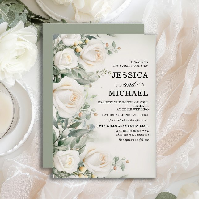 Convite Casamento Elegante das Rosas Brancas (Elegant white roses wedding invitation)