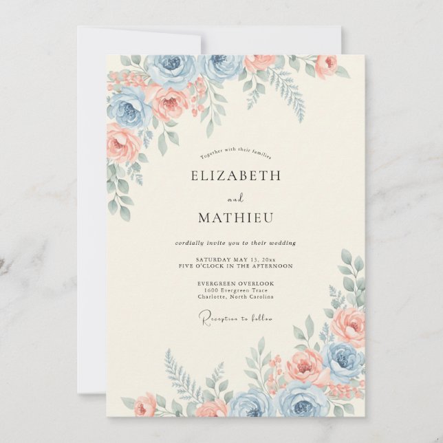 Convite Casamento Elegante de Aço Azul na Primavera (Frente)