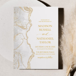 Convite Casamento Elegante de Ágata Branco Dourado