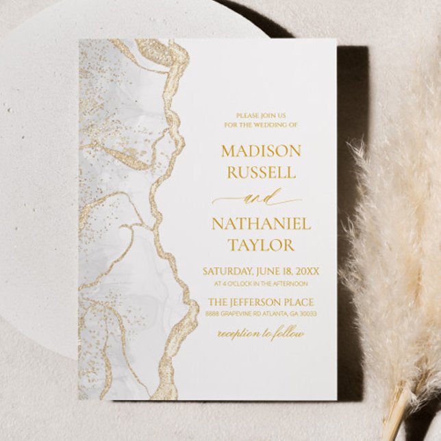 Convite Casamento Elegante de Ágata Branco Dourado (Criador carregado)