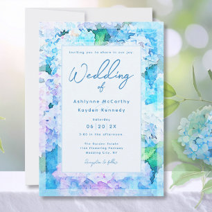 Convite Casamento Elegante de Aquarela com Hortênsia Azul