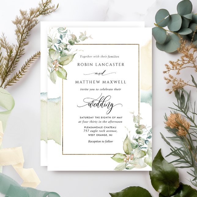 Convite Casamento Elegante de Aquarela e Eucalyptus Greene (Criador carregado)