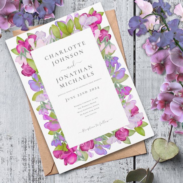 Convite Casamento Elegante De Aquarela Floral Moderna (Elegant floral pink purple wedding invitation watercolor garden sweetpea)
