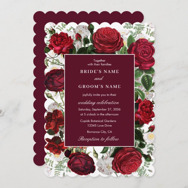 Convite Casamento Elegante De Aquarela Floral Moderna Burg (Frente/Verso)