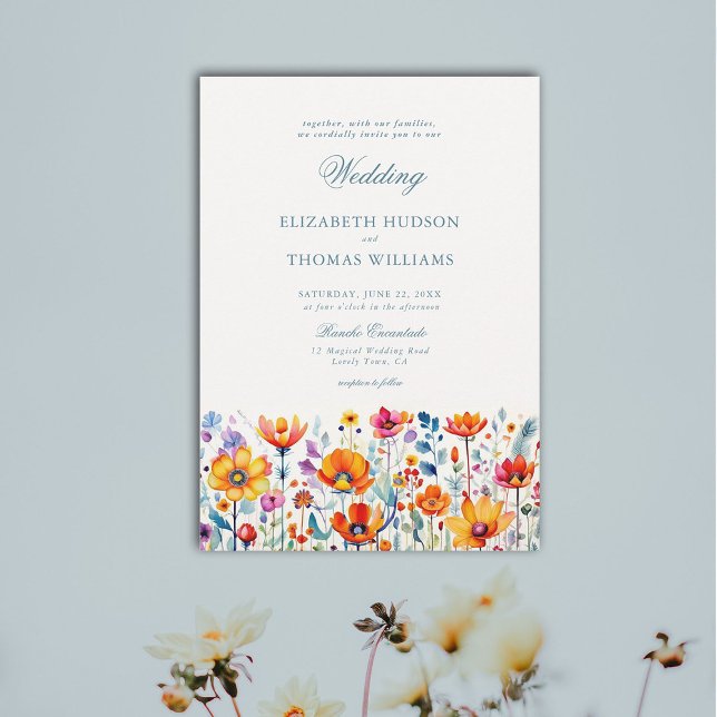 Convite Casamento Elegante de Aquarela Floral Rancho Mexic (rancho wedding mexican invitation floral watercolor wildflower formal classic traditional elegant)