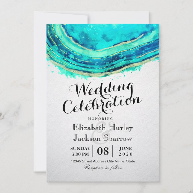 Convite Casamento Elegante De Aquarela Teal E Geodo Agate  (Frente)