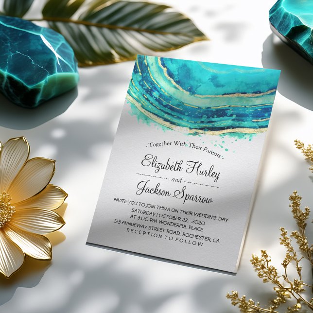 Convite Casamento Elegante De Aquarela Teal E Geodo Agate  (Criador carregado)