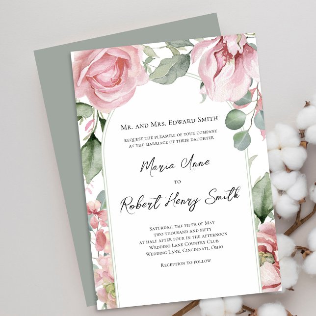 Convite Casamento Elegante De Arca Floral Rosa-Blush (Elegant wedding invitations with blush pink flowers. )