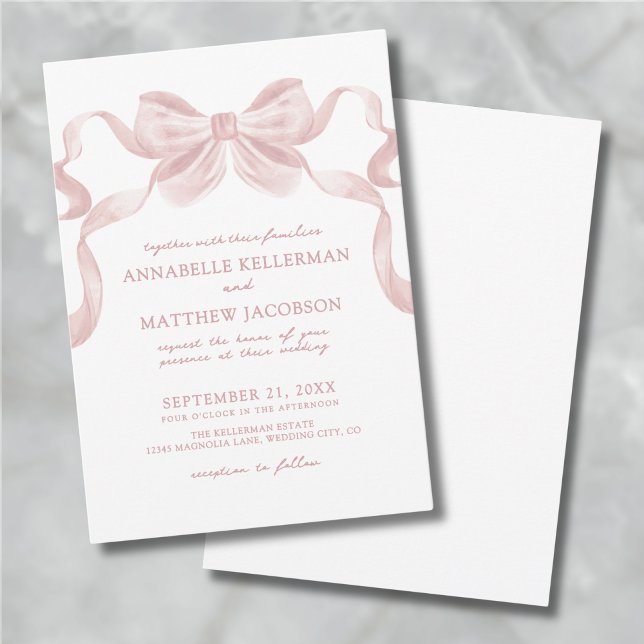 Convite Casamento Elegante De Arco Quente-Rosa-Blush (Blush Pink Whimsical Bow Elegant Wedding Invitation)
