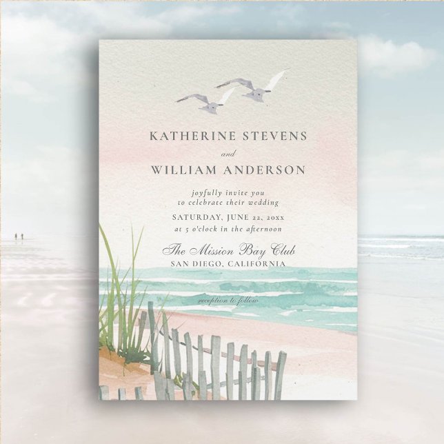 Convite Casamento Elegante de Arte de Cerca de Praia do Oc (beach wedding invitation dreamy watercolor ocean fence seagulls formal modern classic)