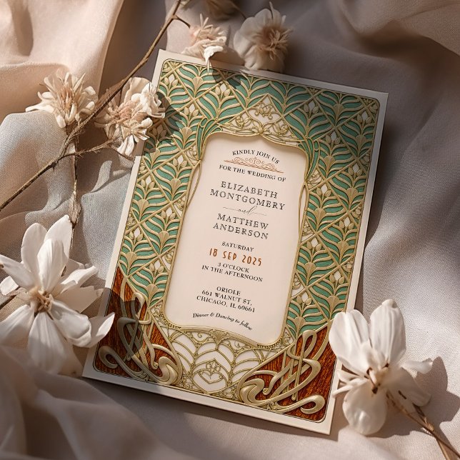 Convite Casamento Elegante de Arte Dourada e Verde de Nouv (Criador carregado)