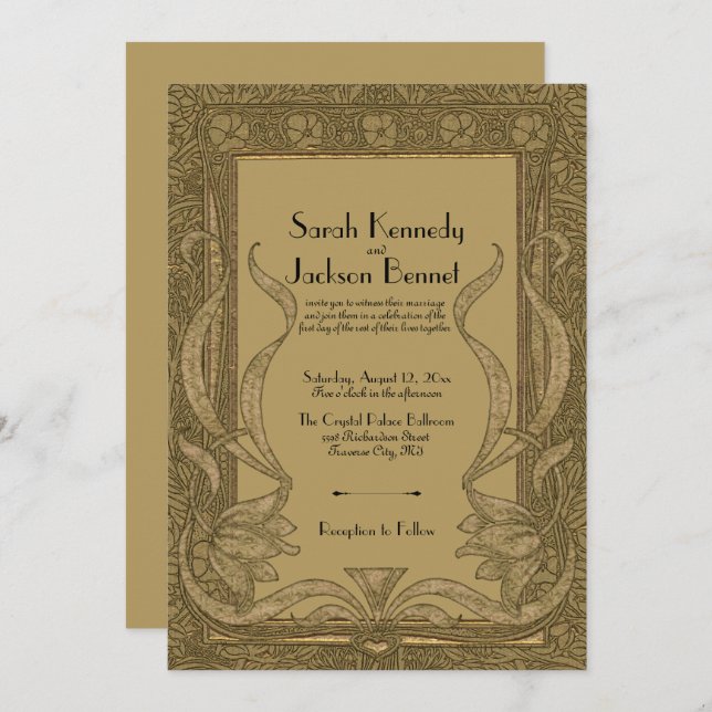Convite Casamento Elegante de Arte Dourada Nouveau (Frente/Verso)
