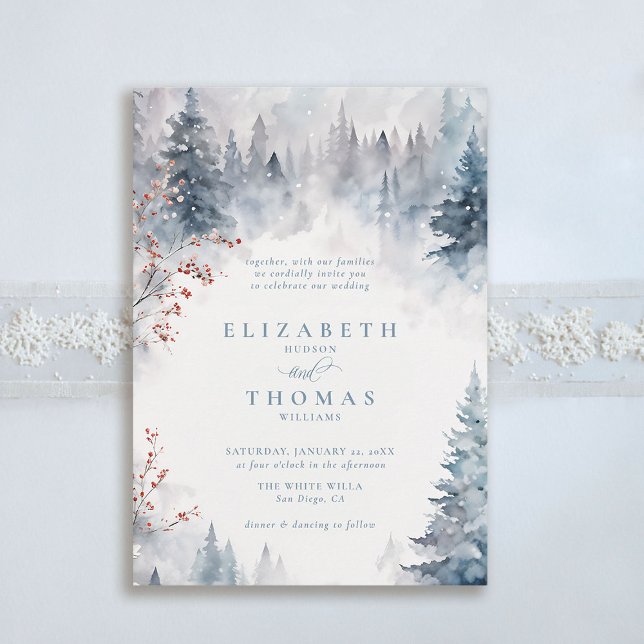 Convite Casamento Elegante De Árvores De Montanha De Neve  (winter wedding invitation mountains smoky forest woodland elegant trees falling snow berries)