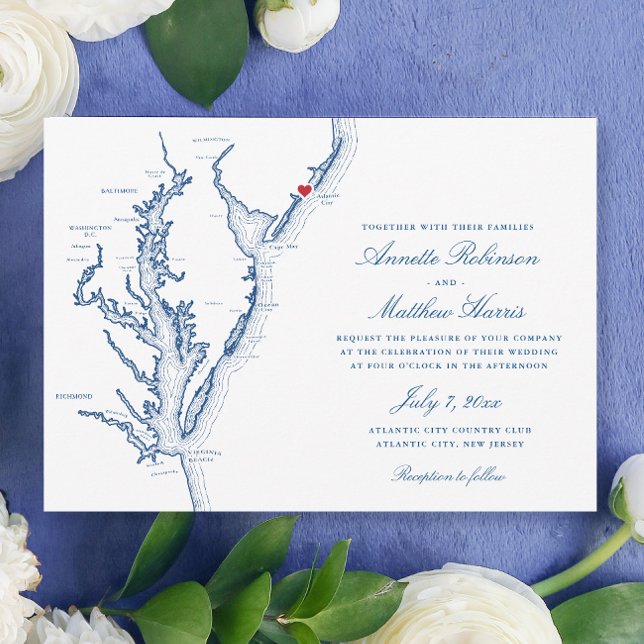 Convite Casamento Elegante de Atlantic City New Jersey (Elegant Atlantic City NJ Wedding invitation with navy blue Jersey Shore map from Coastal Map Designs)