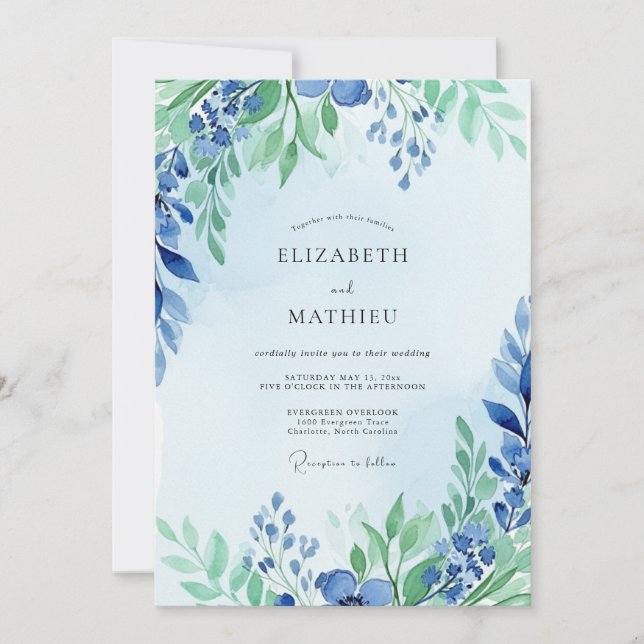 Convite Casamento Elegante de Azul Desbotado na Primavera (Frente)