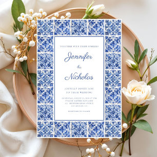 Convite Casamento Elegante de Azulejos Azuis Mediterrâneos