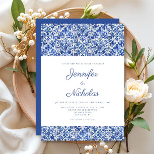 Convite Casamento Elegante de Azulejos Azuis Mediterrâneos