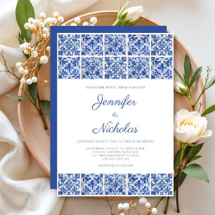Convite Casamento Elegante de Azulejos Azuis Mediterrâneos