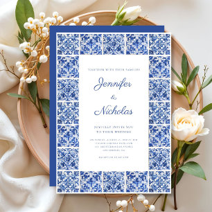 Convite Casamento Elegante de Azulejos Azuis Mediterrâneos