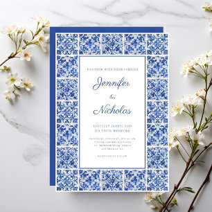 Convite Casamento Elegante de Azulejos Azuis Mediterrâneos