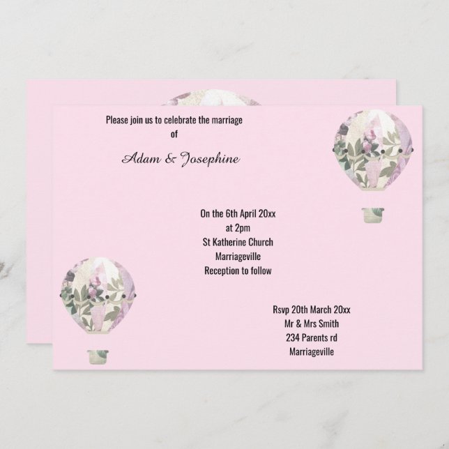 Convite CASAMENTO ELEGANTE DE BALÃO DE AR QUENTE DE rosa P (Frente/Verso)