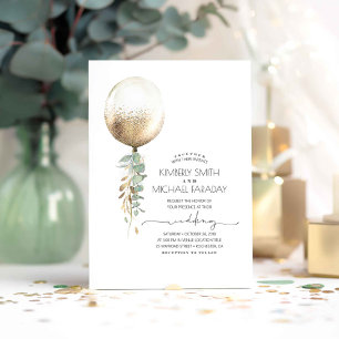 Convite Casamento Elegante de Balão Dourado Eucalipto Ver