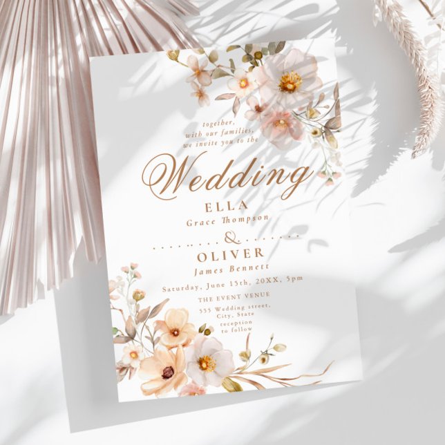 Convite Casamento Elegante de Beige Wildflower Neutral Boh (Criador carregado)