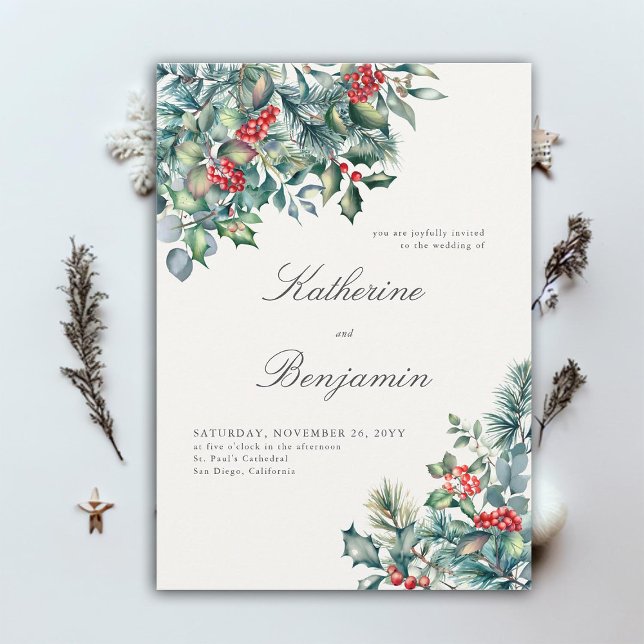Convite Casamento Elegante De Berry Red Berry Formal Winte (elegant winter wedding invitation botanical frame formal traditional modern classic red berries)